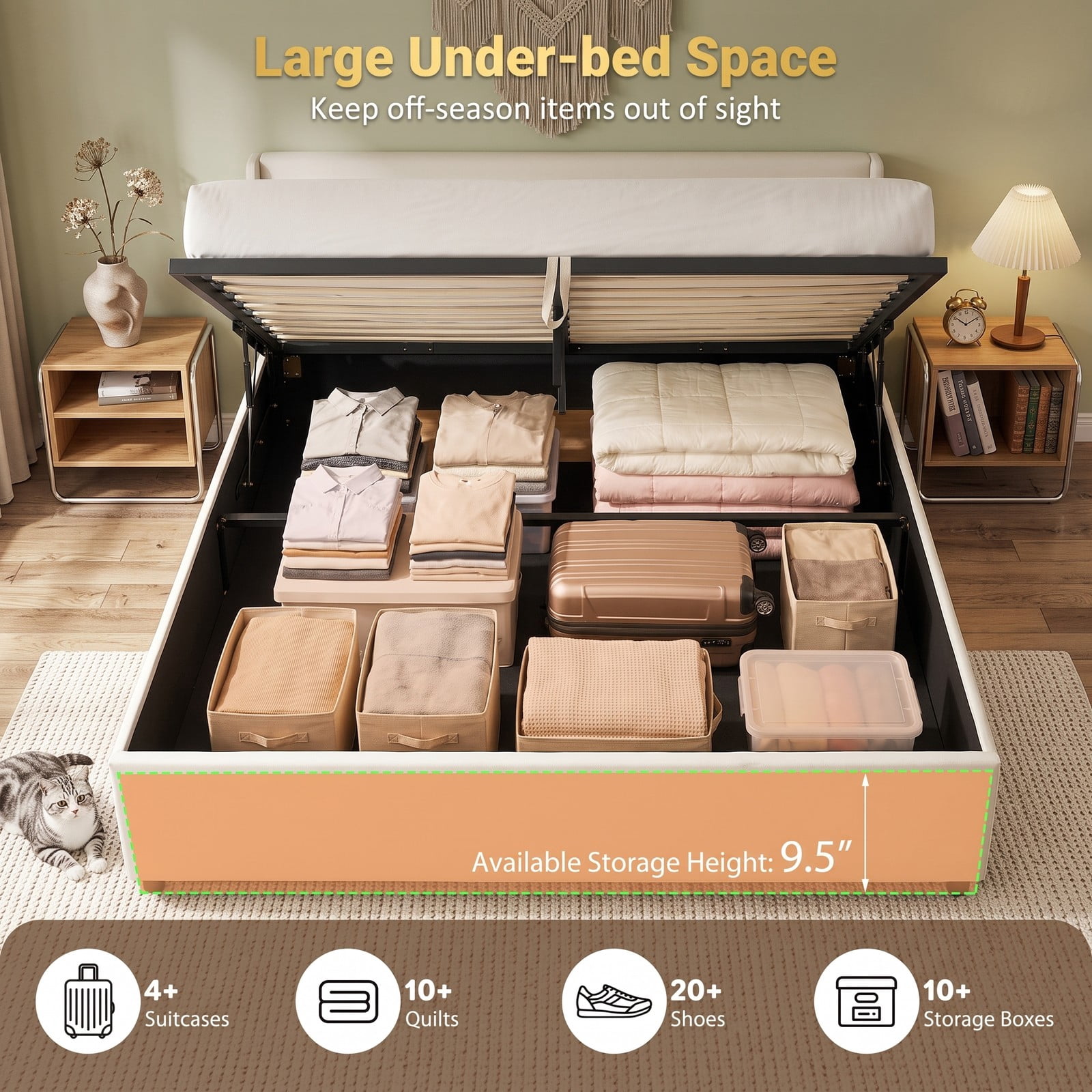 Furnibear Queen Bed Frame with Storage, Lift Up Storage Bed Frame with Tufted Wingback Linen Headboard and Wood Slat Support, Beige