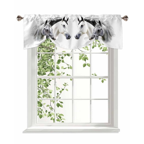 Horse Tie Up Valances Curtain, Watercolor Animal Kitchen Valances for Windows Decor, Rod Pocket Short Curtains Set for Bedroom/Bathroom, 42"x18"