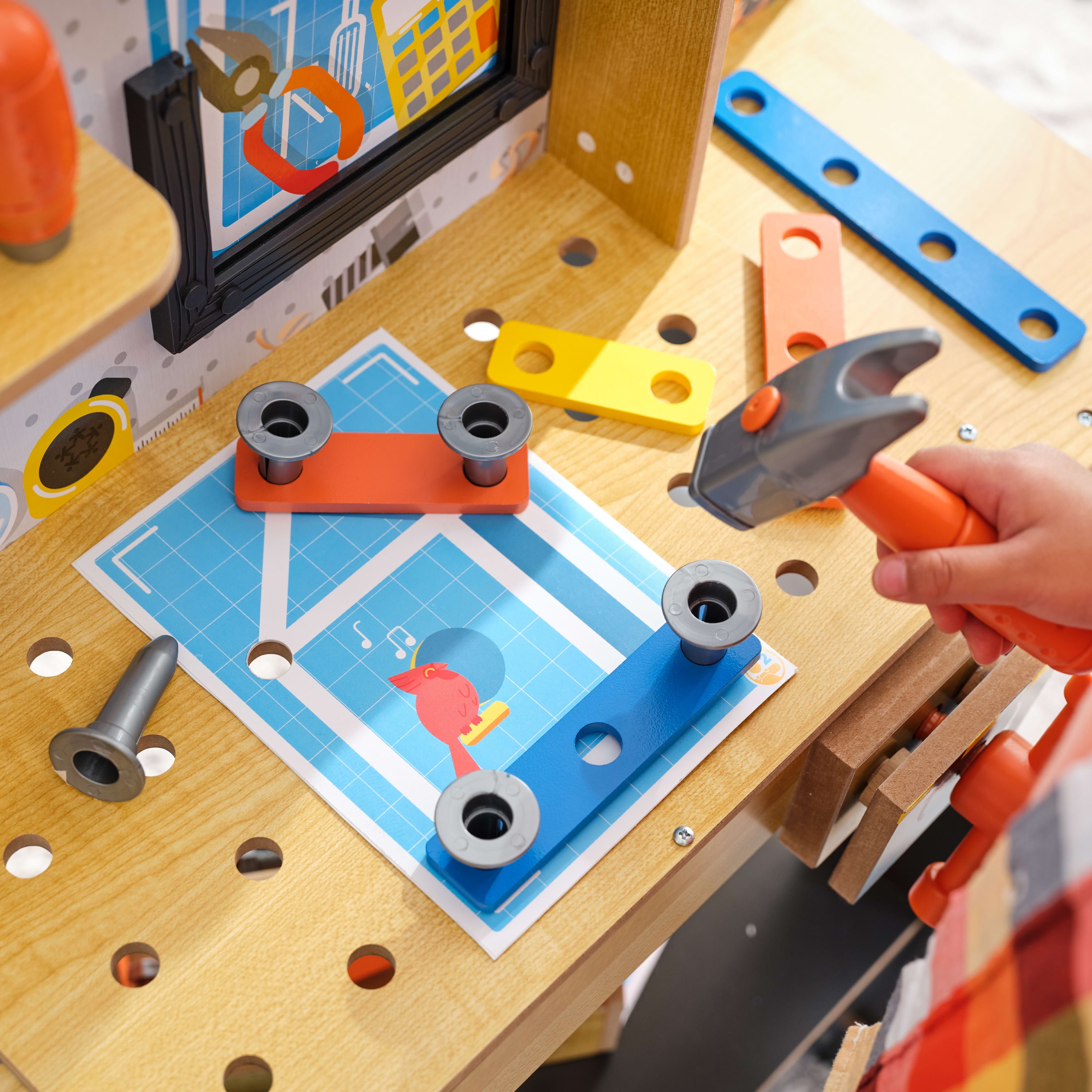 KidKraft Blueprint Build Wooden Play Workbench with 40+ Accessories and Working Drill