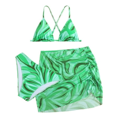 WOYY Big Girls 3 Piece Swimsuit Bikini Set with Cover Up Skirt Bathing Suit Swimwear