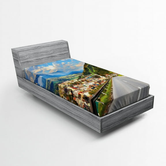 Landscape Fitted Sheet, Road in the Alps Small Town with Colorful Houses Clouds Clear Sky Rural Scenery, Soft Decorative Fabric Bedding, Twin Size, Multicolor, by Ambesonne