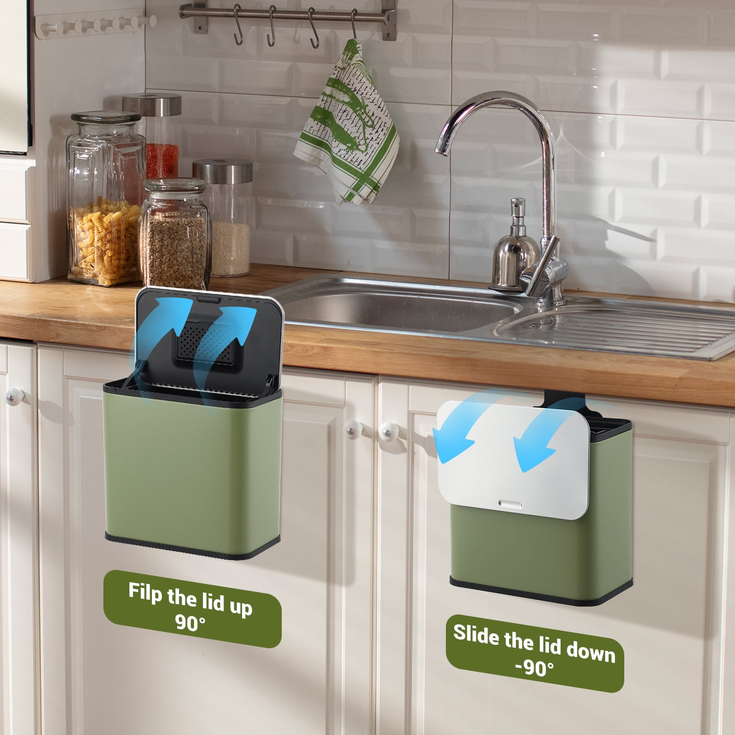 1.3 Gallon Stainless Steel Kitchen Waste Bin Compact Small Trash Can Durable Garbage Bin for Countertop Under Sink Bathroom Bedroom Cupboard - Green
