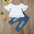 thumbnail image 2 of Bagilaanoe 2pcs Toddler Baby Girl Long Pants Set Off Shoulder Tops + Jeans Denim Trousers 1T 2T 3T 4T 5T 6T Kids Casual Outfits, 2 of 7