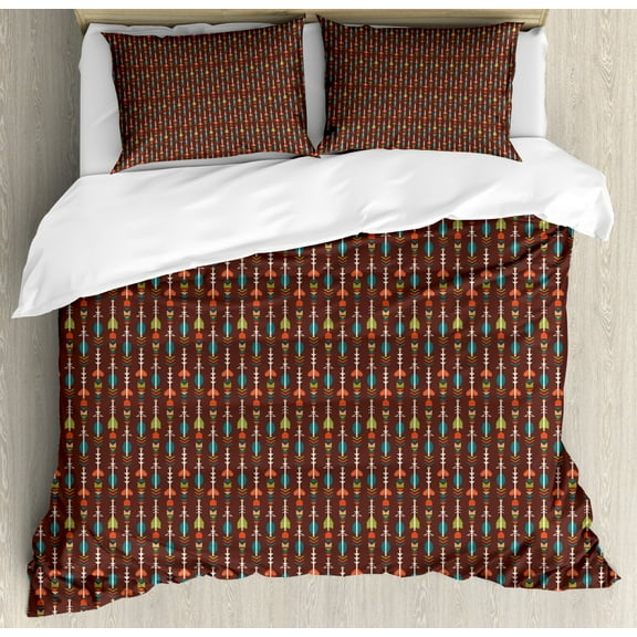 Arrow King Size Duvet Cover Set, Ethnic Colorful and Abstract Figures with Artistic Geometric Design on Brown Backdrop, Decorative 3 Piece Bedding Set with 2 Pillow Shams, Multicolor, by Ambesonne