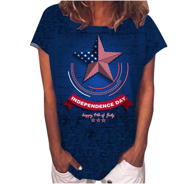Blusa informal de manga corta con estampado del Día de la Independencia para mujer Fridja hjk5277