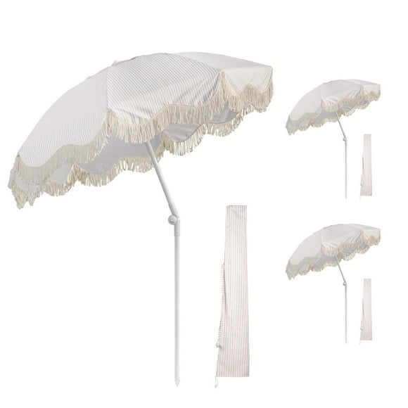 LAGarde 3 Pack 6Ft Fringe Patio Umbrella with Push Button Tilt Carry Bag UV30+ Outdoor Yard Lawn Yard Party Purple Stripe