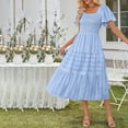 thumbnail image 3 of Summer Dresses for Women 2025 New Women's Summer Flowy Maxi Dress Short Sleeve Smocked Tiered Ruffle Boho Dresses with Pockets Light Blue S, 3 of 9
