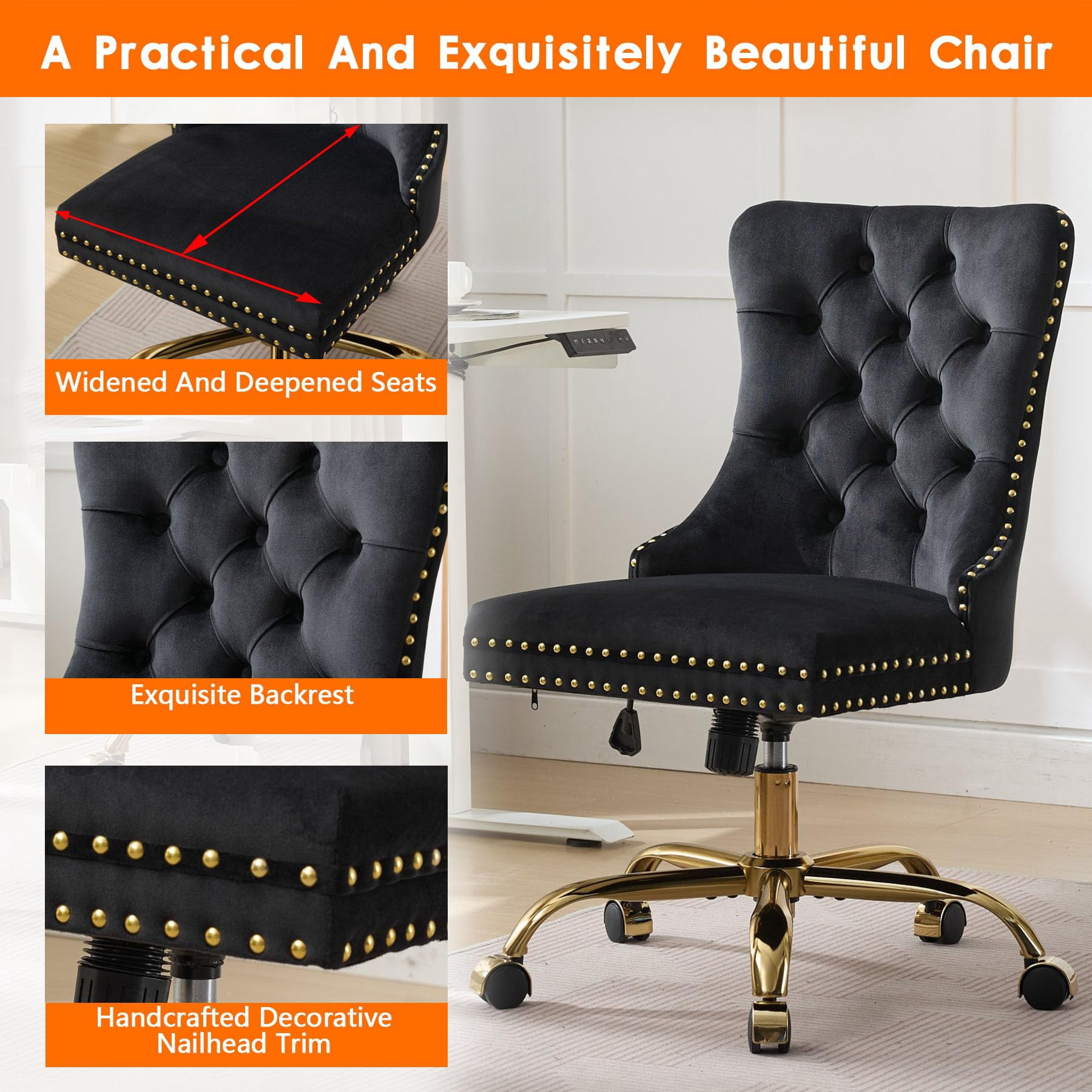 Pawverly Velvet Upholstered Office Chair, Tufted Button Swivel Desk Chair with Adjustable Height, Gold Metal Base & Wheels, Modern Vanity Chair, Black