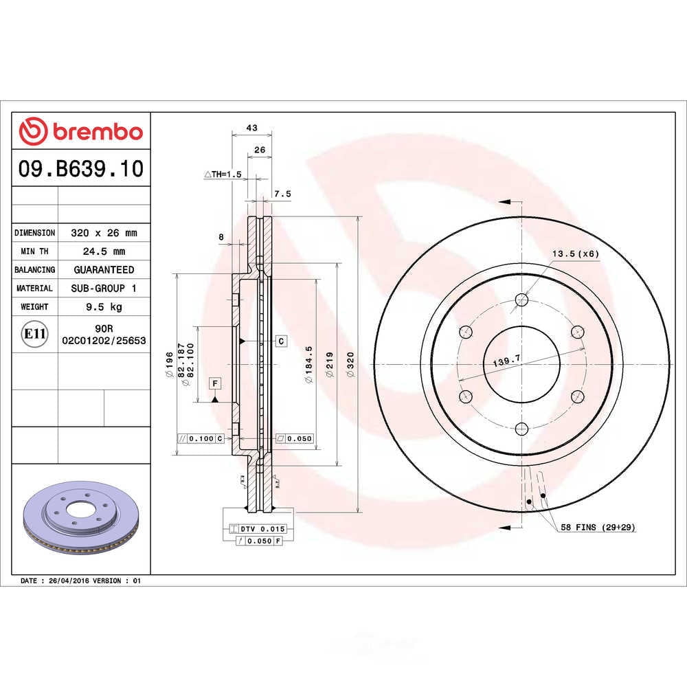 Brembo 09.B639.10 Premium Vented Brake Rotor