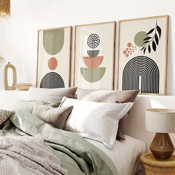 3pcs Bohemian Abstract Wall Art Prints - Green, Orange & Beige Minimalist Geometric & Plant Designs on Canvas - Modern Boho Chic Home Decor for Living Room, Bedroom, or Office - Unframed, Ready to H
