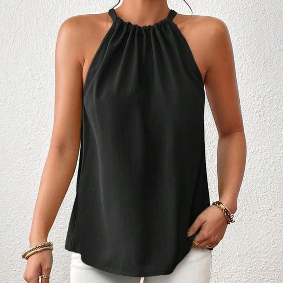 Felirenzacia Women’s Halter Neck Sleeveless Blouse, Summer Loose Fit Casual Tank Top, Elegant Gathered High Neck Shirt for Work and Daily Wear,Black,L