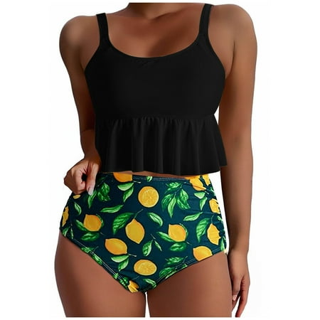 Atogsazn Womens Tankini Swimsuits Ruffled Tank Top Tummy Control Floral Modest Swimwear High Waisted Bikini 03-Black XL on Clearance