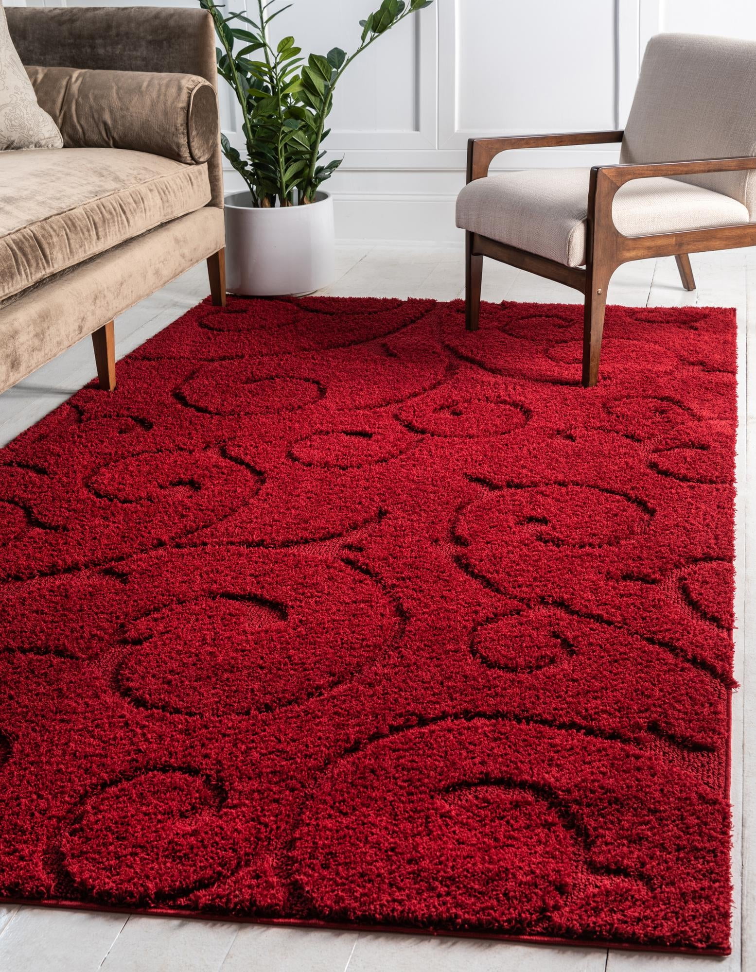 Botanical Shag Collection Rug 5' x 8' Red Shag Rug Perfect