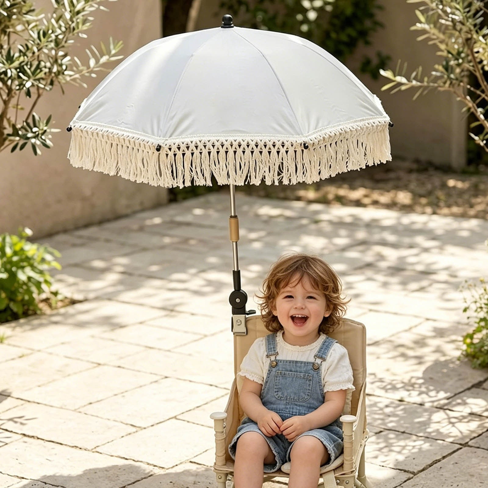 YANDE-30.7 Inch Clip-On Chair Umbrella, 1pc Adjustable Patio Sun Shade with Fringe, UV Protection Parasol for Stroller, Beach Chair, Outdoor Activities (A)
