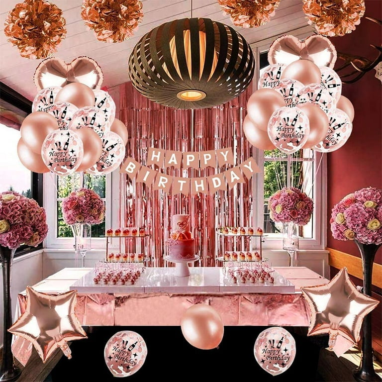 Styirl Rose Gold Birthday Decorations - 60 pcs Pink Birthday Party Supplies  Favors for Women, Girls or Kids with Rose Gold/Confetti/White Balloon Arch