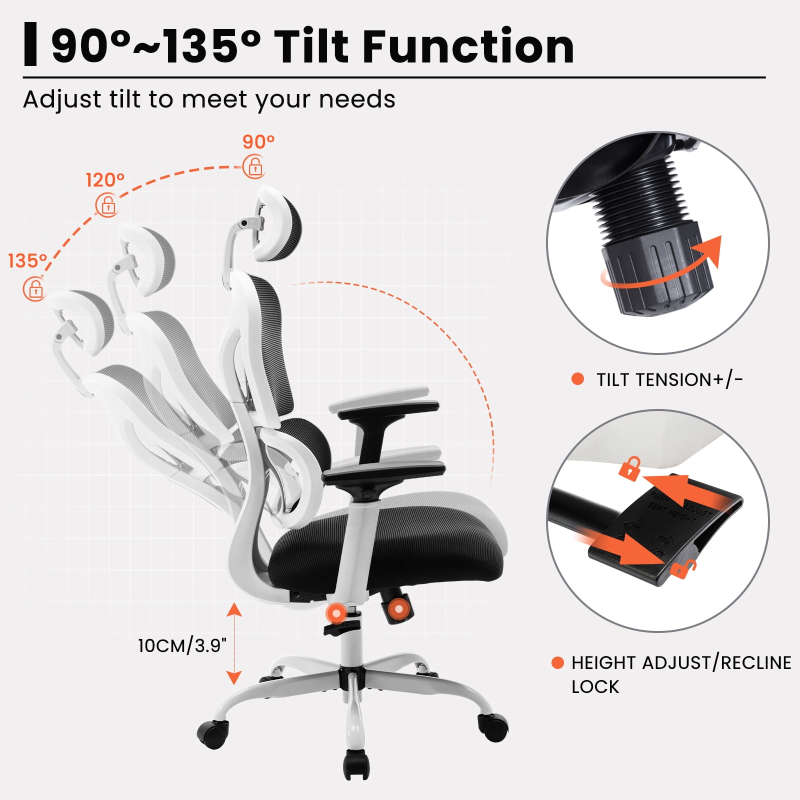 COOLHUT Ergonomic Office Chair, High Back Adjustable Computer Desk Chair with Lumbar Support, 500lb, White