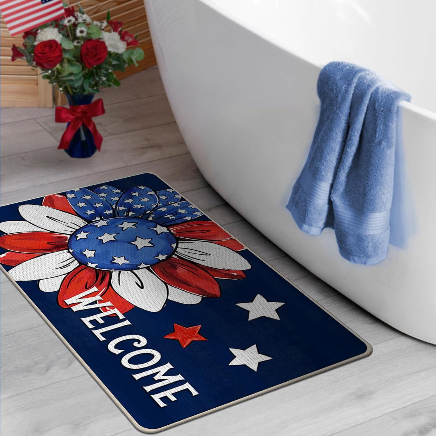 Welcome 4th of July Sunflower Patriotic Decorative Front Door Mat, America Floral Flower Doormat Indoor Outdoor Non-Slip Floor Entryway Rug, USA Stars Blue Home Kitchen Decoration 17x29 Inch