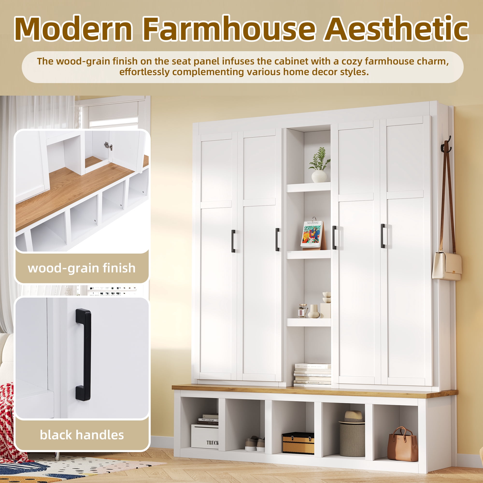 Farmhouse 4-in-1 Hall Tree with 6 Hanging Hooks, 62.9''W Mudroom Wood Grain Bench Shoe Organizer with Cubbies, Entryway Coat Rack with Storage Shelves for Hallway, Living Room