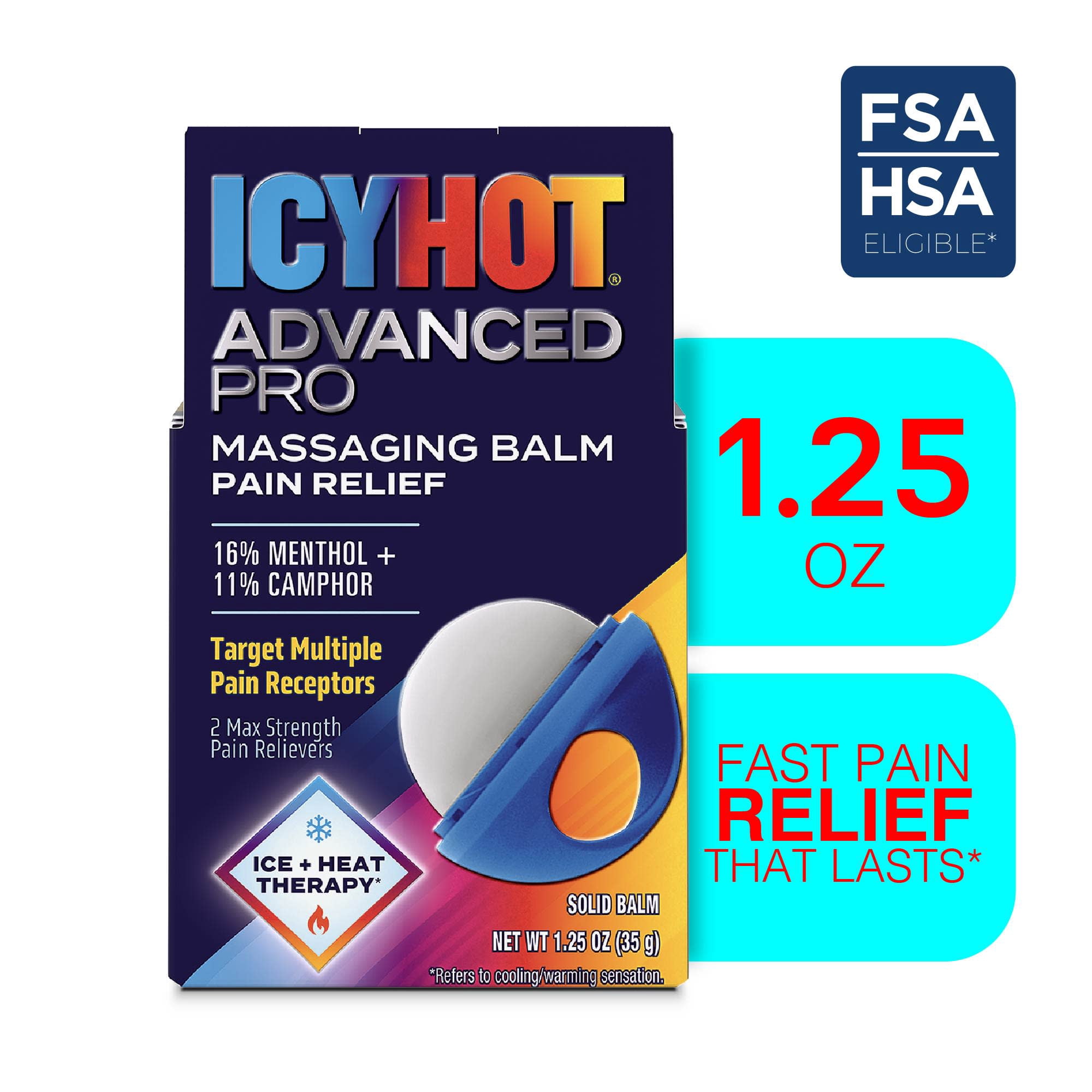 Icy Hot Advanced PRO Pain Relief Massaging Balm, Fast-Acting Max Strength Pain Relief With Menthol 16% and Camphor 11% for Backaches, Joints, Muscle Strains and Arthritis, 1.25 oz