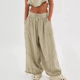 thumbnail image 6 of Womens Casual Loose Fit Wide Leg Cotton Pants Drawstring Stitching Baggy Pants Trousers with Pockets Khaki S, 6 of 9