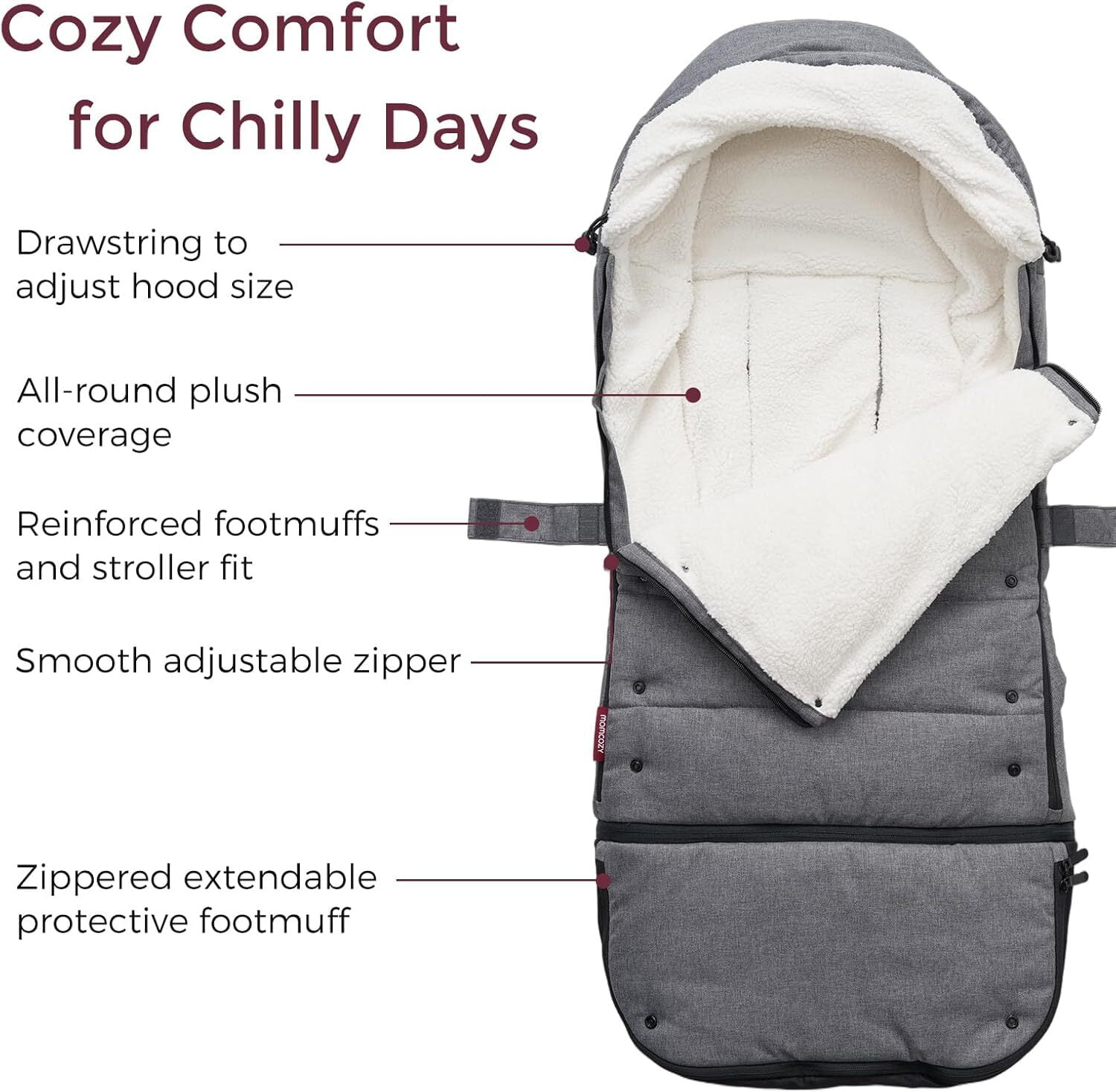 Momcozy Stroller Footmuff Universal | Easily Attaches to Most Strollers | Ultra-Plush,Weather-Proof | Deluxe Warm Stroller Bunting Bag | Extendable Stroller Cover for Winter | Adjustable Buckle,Gray