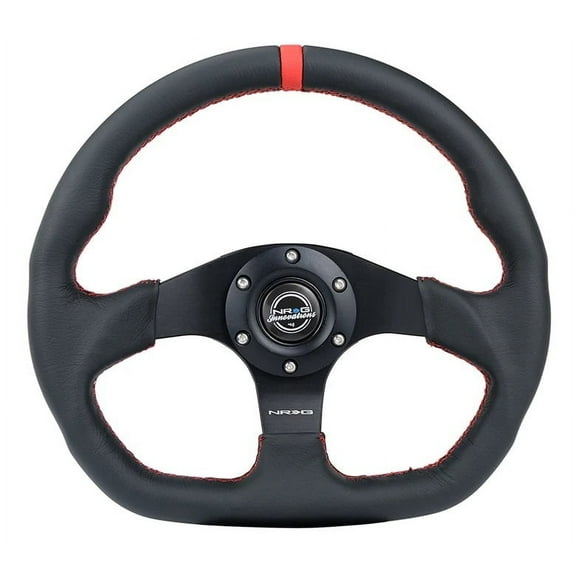 Steering Wheel 320mm Flt Bottom Blk Leather w/Red