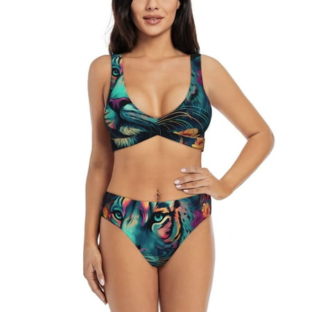 Zeuib Colorful Flower Tiger High Waisted Tummy Control Bikini Set - Knot Front Push Up Top & Cheeky Thong Bottom  Two-Piece Swimsuit for Women-XX-Large