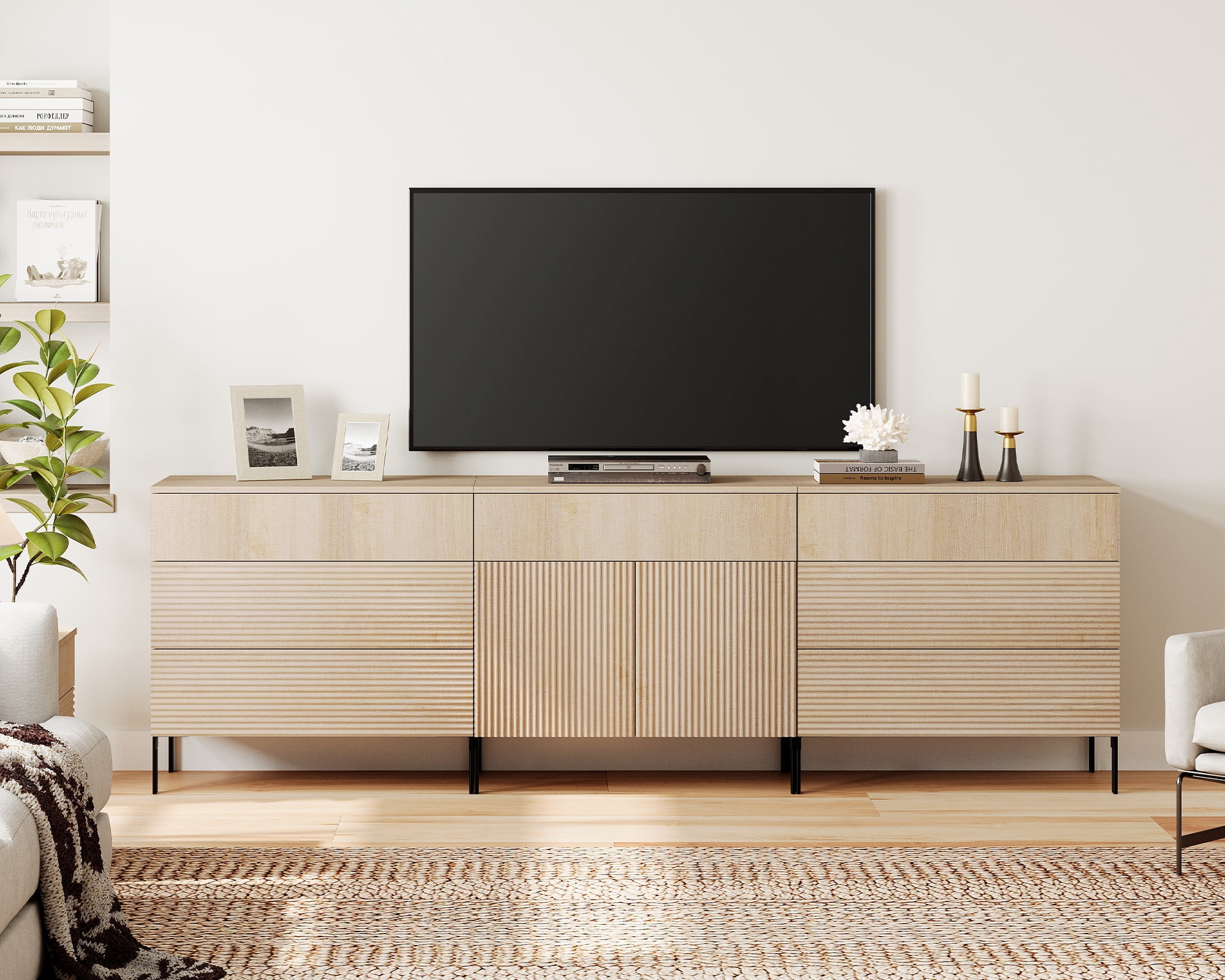 Modern Reeded Dresser TV Stand for TVs up to 100 Inch, Entertainment Center with Drawers, Wooden TV Console with Storage for Living Room