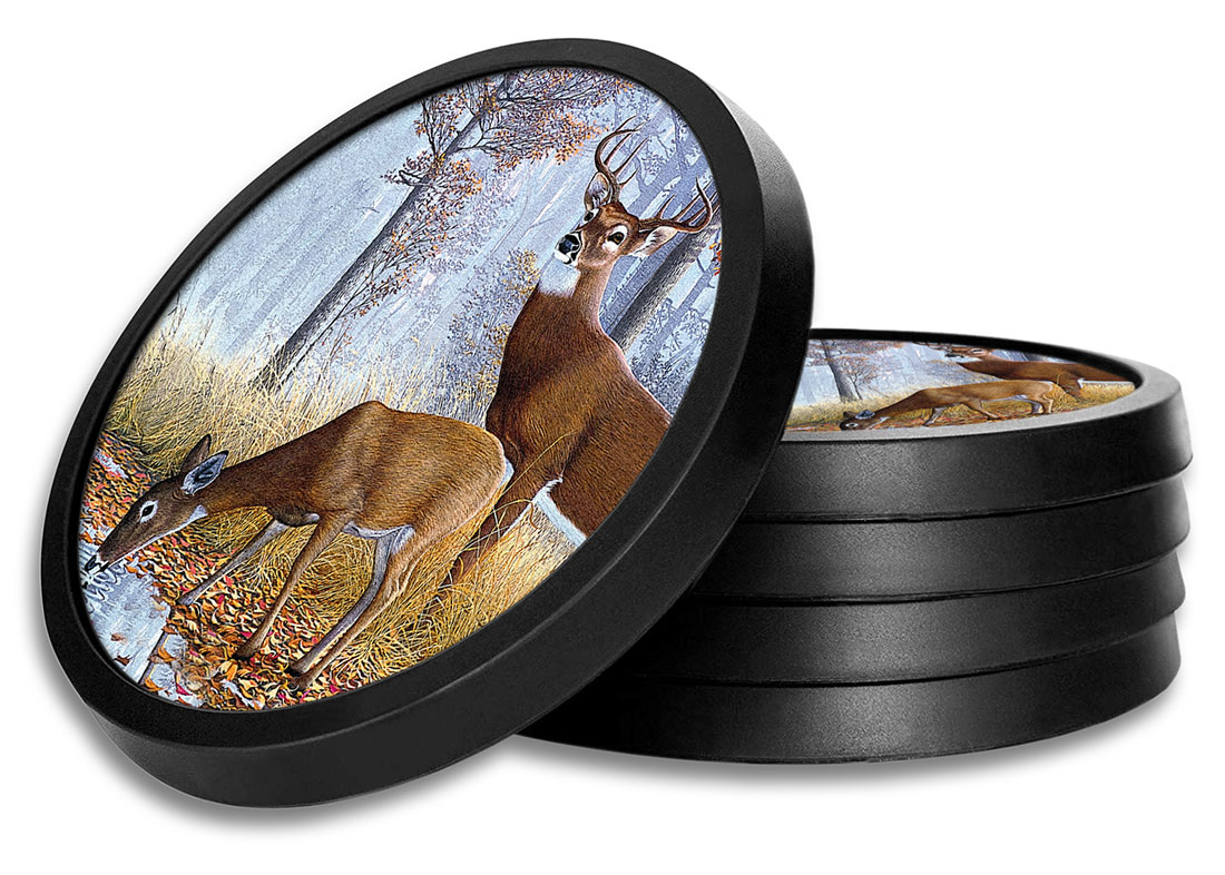Silicone NonSlip Drink Coasters with Removable Printed Absorbent Felt Pad Set of 4 Deer
