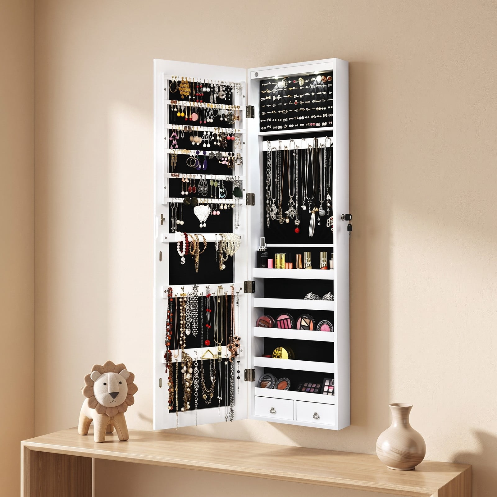 Furnibear Lockable Wall and Door Mounted Jewelry Cabinet with Full-Length Mirror and LED Lights for Bedroom Ring and Necklace Storage, White