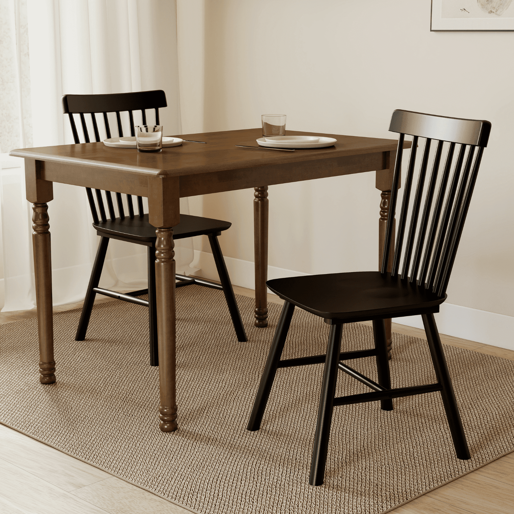Dayalane Farmhouse Windsor Dining Chairs Set of 2, Solid Wood Spindle Back Dining Side Chairs, Mid-Century French Country Oak Kitchen Chairs for Dining Room Living Room Kitchen Restaurant, Black