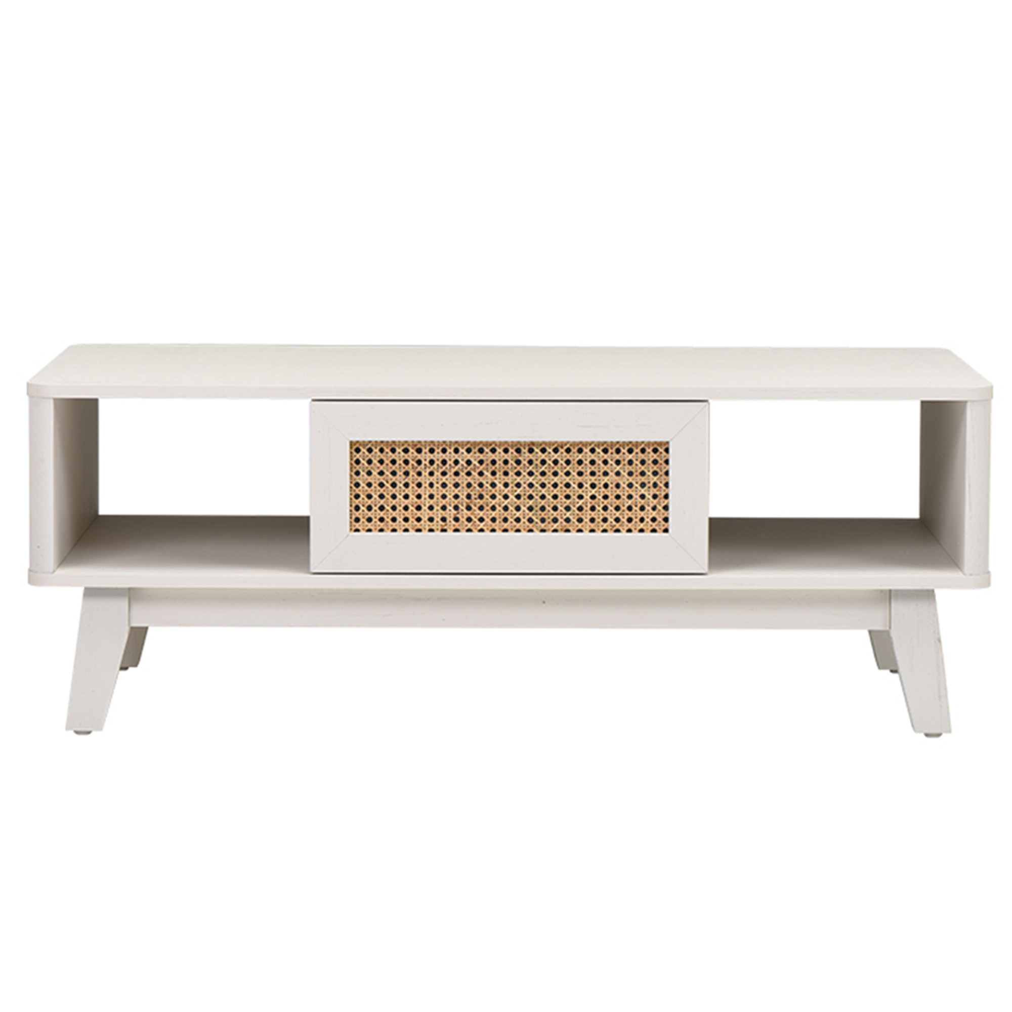 MAYEERTY 44"White Modern Square Wooden Coffee Table with Rattan Drawer for Living Room