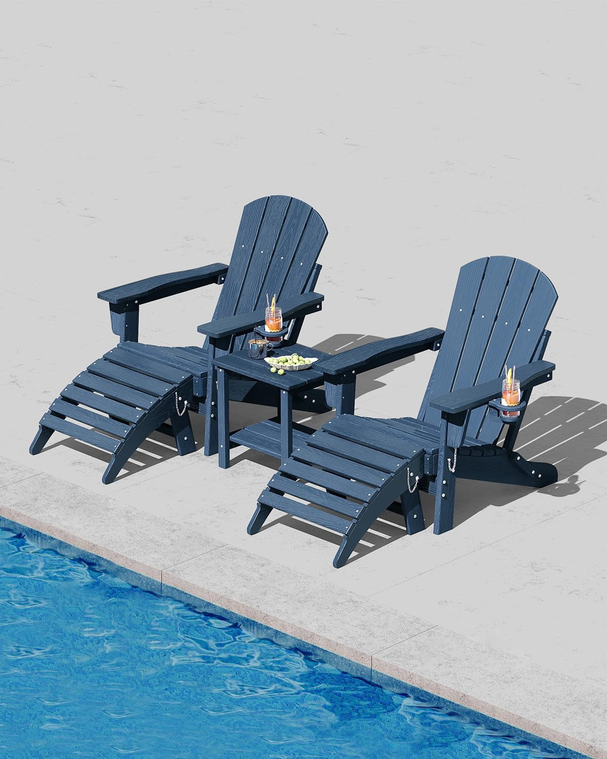 Folding Adirondack Chair Set of 2 with Ottoman, All-Weather HDPE Outdoor Chair, Wooden Textured with Cup Holder for patios, Decks, Gardens, fire pits, Navy Blue