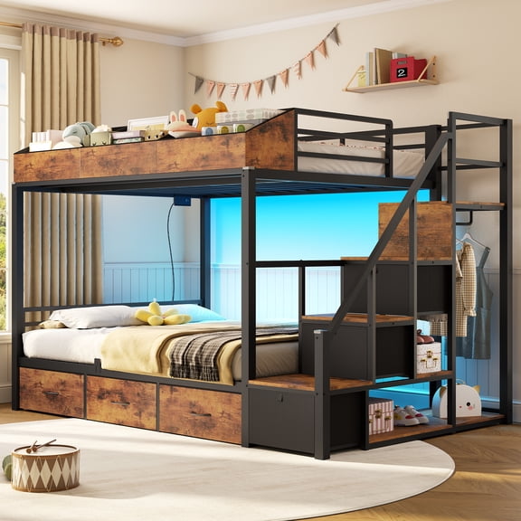 Twin over Full Bunk Bed with Storage Stairs, Shelves, and Charging Station Full-length Guardrail,Teens Bunk Beds with LED Lights,Drawers,Cubbies, Space-saving for Bedroom,Apartment, Rustic Brown