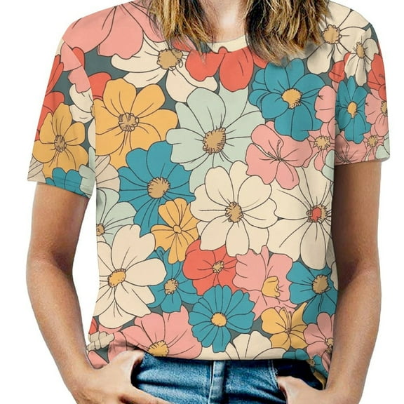 Floral Colorful Flower T Shirts Basic T-Shirt Short Sleeve Ladies Tee Shirt Summer Graphic Clothing