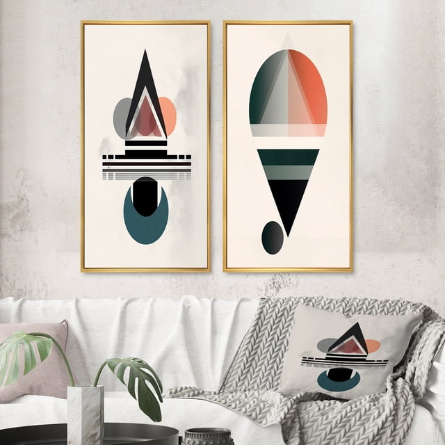 Designart "Visionary Retro Moon in Geometric Minimalism III" Transitional Framed Wall Art Set Of 2 - Abstract Pink Framed Wall Art Set Of 2
