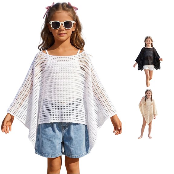 CUZIBR Girls Beach Cover Up Cardigan For Kids Hollow Knit Poncho Round Neck Batwing Sleeve Irregular Hem Breathable Swim Covers Tunic For Summer Vacation,White,11-12 Years
