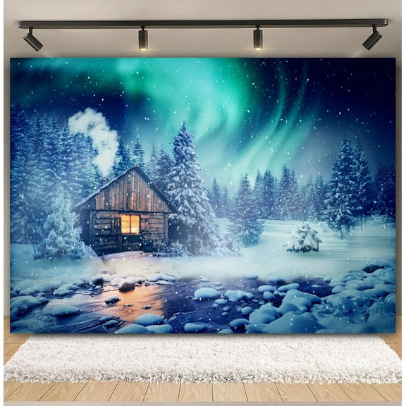 Winter Night Aurora Christmas Backdrop Starry Sky Moon Night Snowman Country Natural Landscape Xmas Photography Background