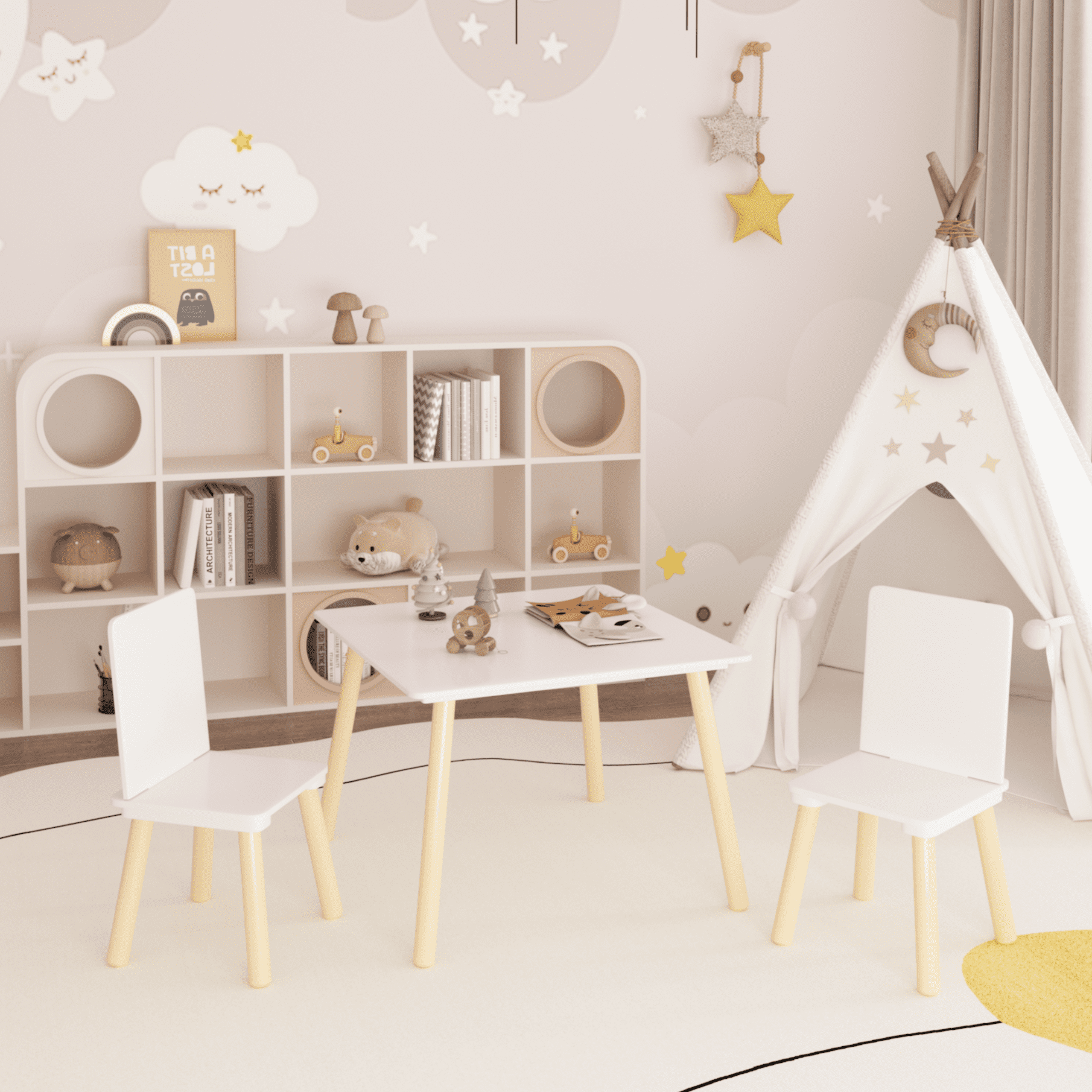 3-Piece Kids Table and 2 Chairs Set, Wooden Activity Play Set with Adorable Animal Prints, Solid Wood+MDF, 23.6" Square Table, Easy Assembly, for Toddlers' Art, Reading and Snack Time