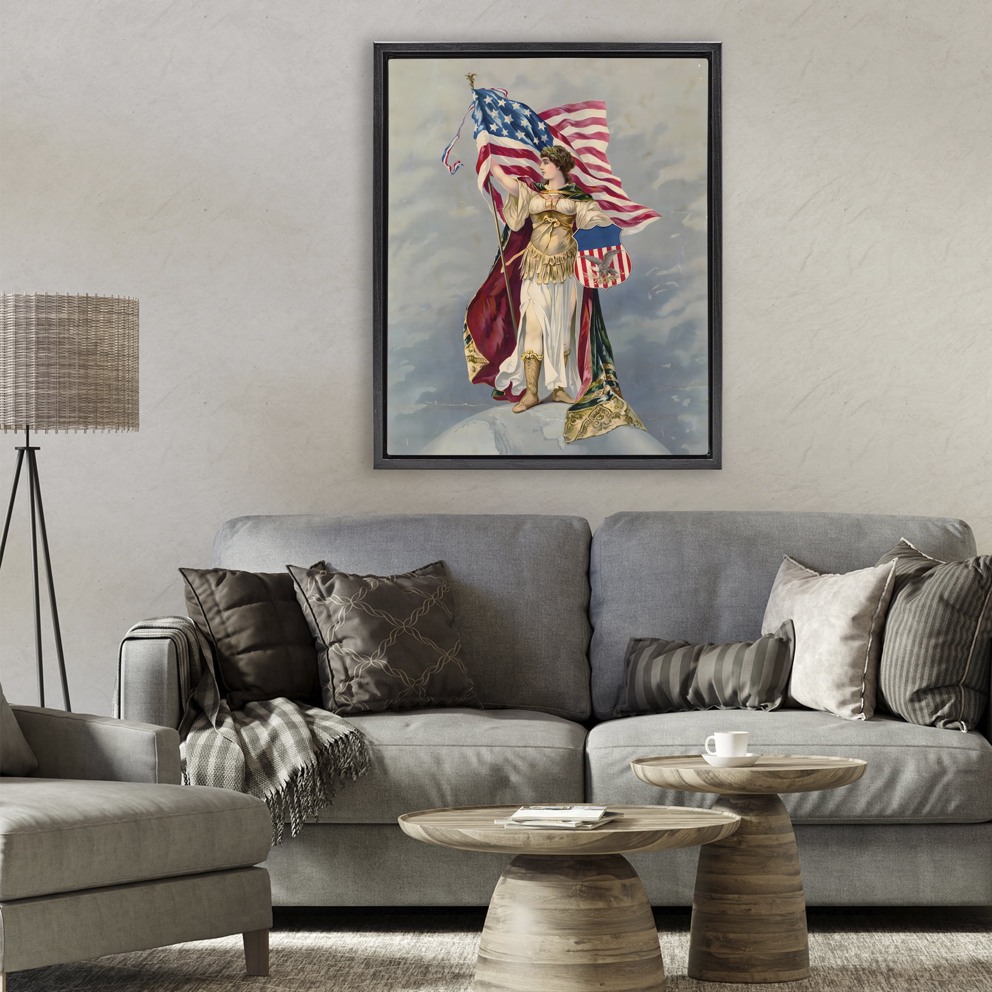 Stupell Industries Columbia Standing with American Flag Black Framed Floater Canvas Wall Art, design by Arlington Prints