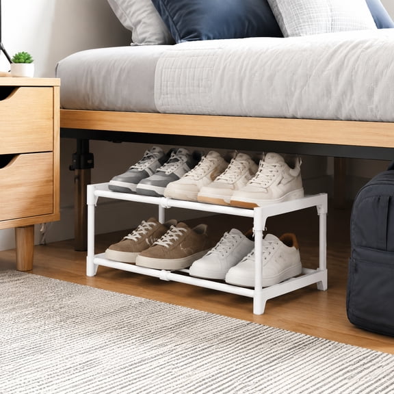 2-Tier Narrow Shoe Rack, Space-Saving Metal Entryway Organizer for Closet & Dorm, Easy No-Tool Assembly, White