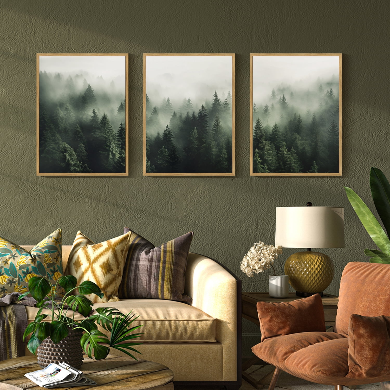 SHENIFY Canvas Print Wall Art Prints Framed Wood Fog & Mist Over Green Pine Tree Forest Nature Wilderness Modern Artwork For Living Room Bedroom - 12x16in3pcs Neutral Framed