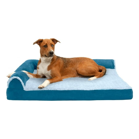 UPC: 0842229123890 | FurHaven Pet Products Two-Tone Faux Fur & Suede Cooling Gel Top Deluxe L-Chaise Pet Bed for Dogs & Cats – Marine Blue Jumbo