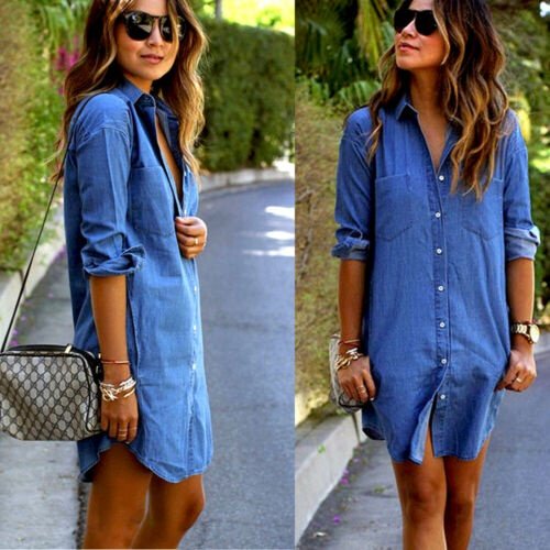 Robe en Denim pour Femmes Mode Été Manches Longues Décontractée Hauts Amples Mini Robe Chemise