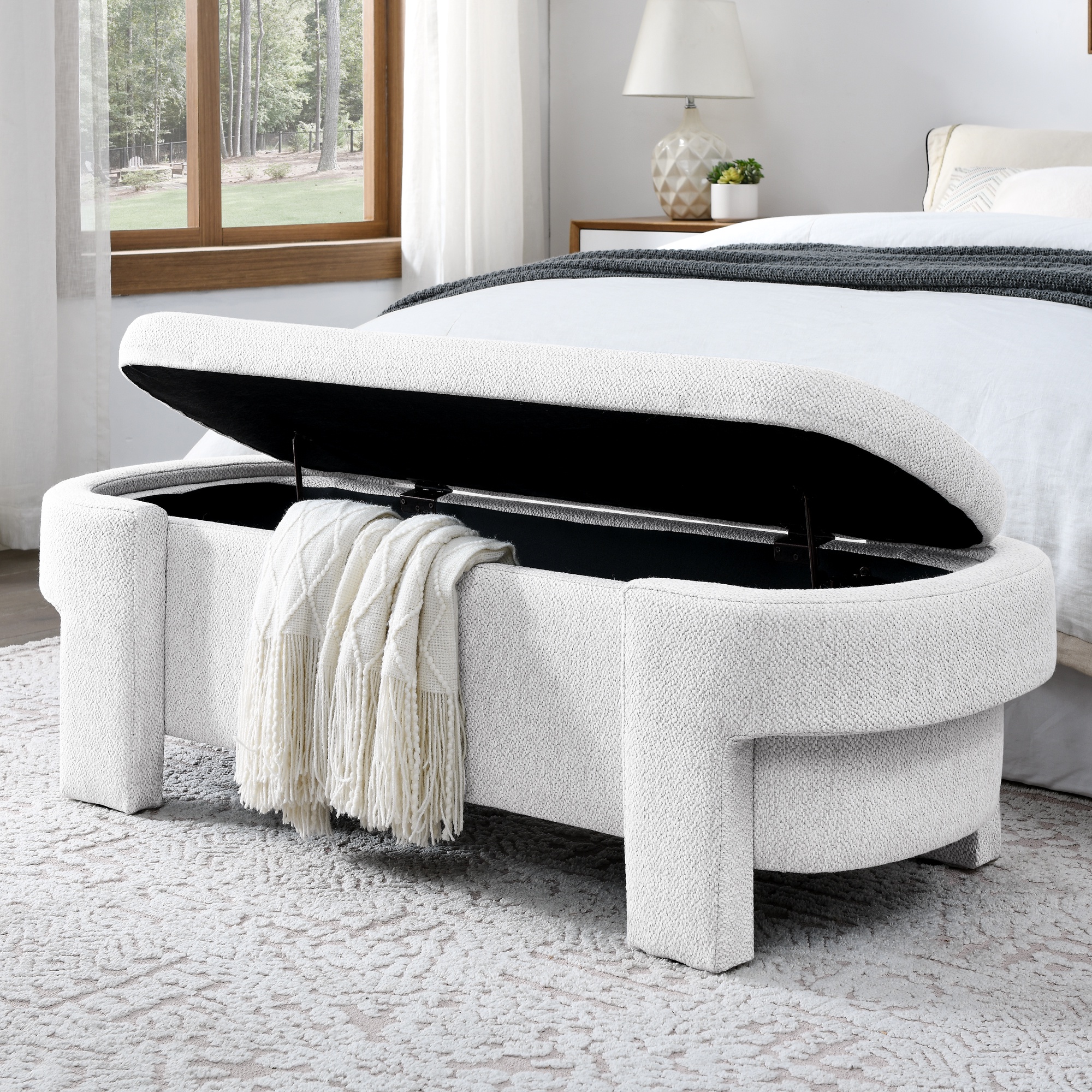 PORKISS 51” Storage Ottoman Bench, Linen Upholstered Long Storage Bench with Large Storage Space, Modern Foam End of Bed Seat for Living Room, Bedroom, Entryway, White