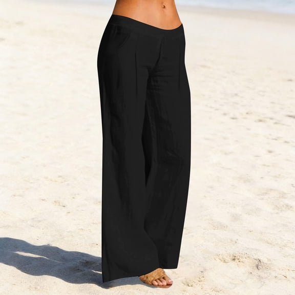 Ladies Cotton Linen Casual Pants, Washed Crinkled Solid Color Comfortable Long Pants with Back Pockets, Elastic Waist Pull On Pants for Daily Wear, Vacation and Beach Black L