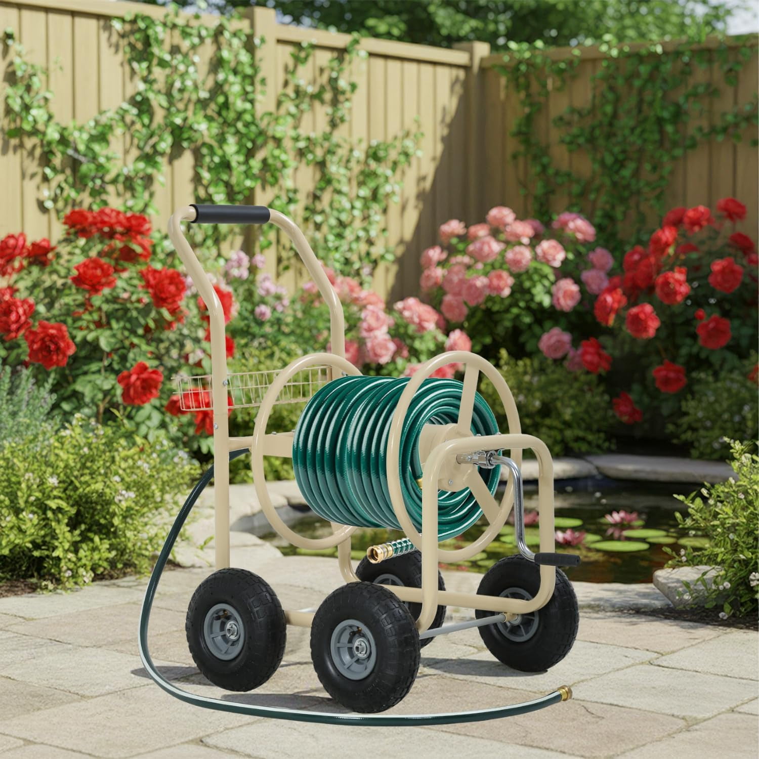 Hose Reel Cart, Hold Up To 300 Ft of 5/8" Hose, Garden Water Hose Carts Mobile Tools with Wheels and Storage Basket, Heavy Duty, for Garden, Yard, Lawn Outdoor Planting, Tan
