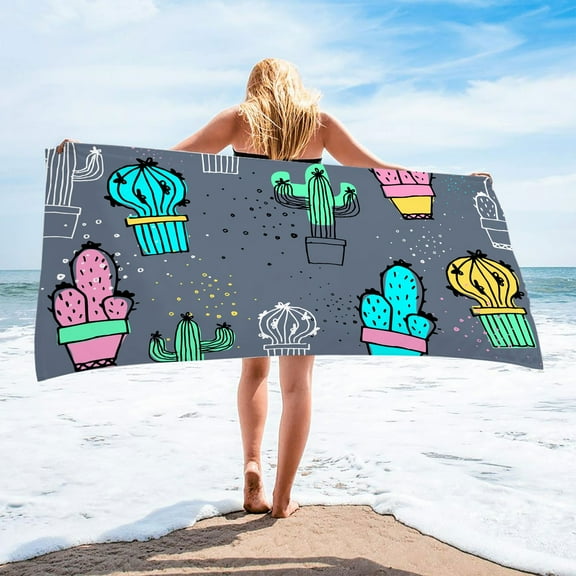 yulier Beach Towel Oversized, Summer Cactus Beach Towel 30"x60" Super Absorbent Sand Free Microfiber Beach Towel Swimming Pool Towel for Kids, Women, Men, Boys, Girls