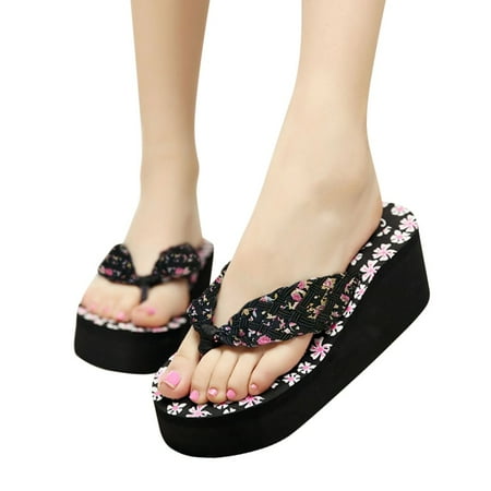 

Pgeraug womens slippers Women Ladies Girls Wedges Floral Flip Flops Sandals Slippers Beach Shoes mens slippers Black 38