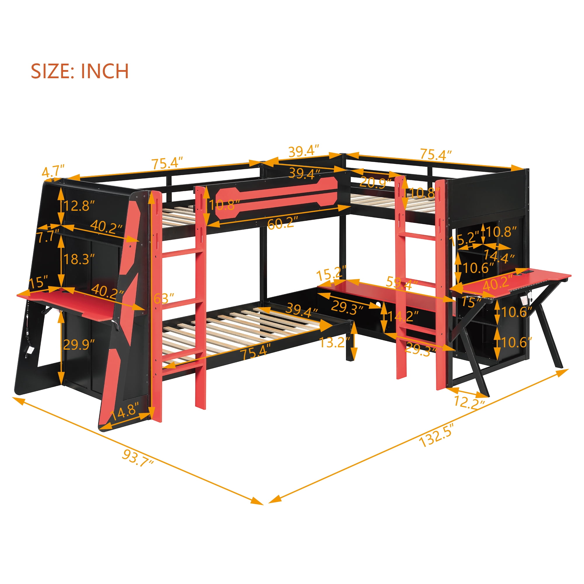 Mintazer L-Shaped Triple Twin Gaming Bunk Bed with 2 Gaming Desks & RGB LED Lights, Triple Bed Frame with USB Charging, TV Stand & Storage Shelves for Bedroom, Black & Purple